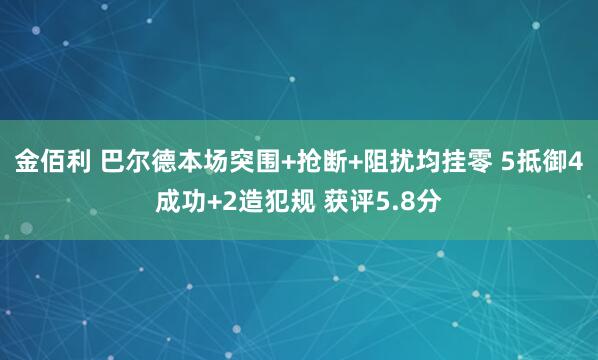 金佰利 巴尔德本场突围+抢断+阻扰均挂零 5抵御4成功+2造犯规 获评5.8分
